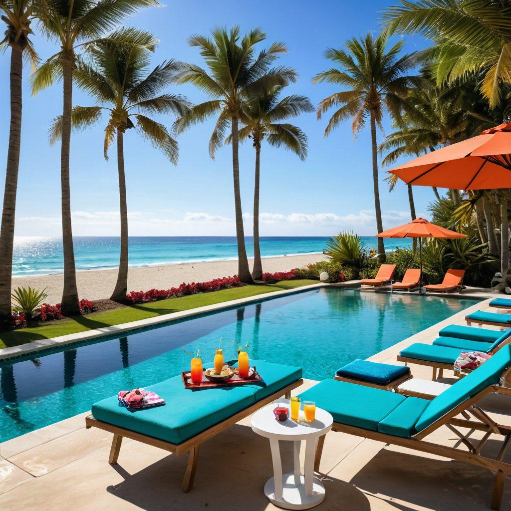 A vibrant beach scene transitioning from sandy shores to a luxurious poolside lounge, featuring stylish beachwear such as swimsuits, cover-ups, and sunglasses spread across colorful towels and lounge chairs. The sky is clear with bright sun, and palm trees gently swaying in the breeze. In the foreground, a refreshing cocktail sits on a small table, enhancing the vacation vibe. super-realistic. vibrant colors. tropical theme.