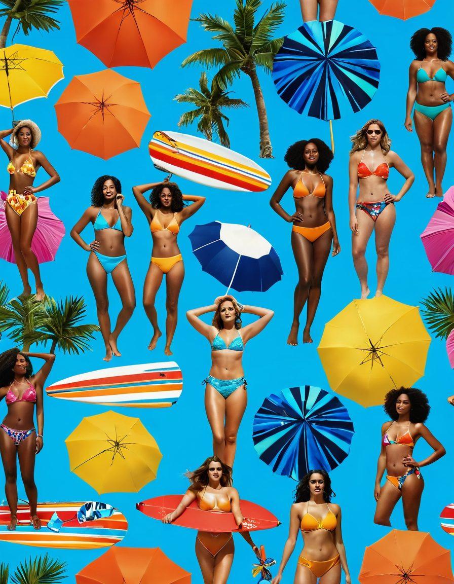 A sun-soaked beach scene showcasing diverse models of various body types wearing stylish swimwear, surrounded by colorful beach umbrellas and vibrant beach towels. Incorporate elements like splashing waves, surfboards, and trendy accessories, highlighting the latest swimwear trends. The background should include a clear blue sky and palm trees swaying gently. vivid colors. summer vibe.